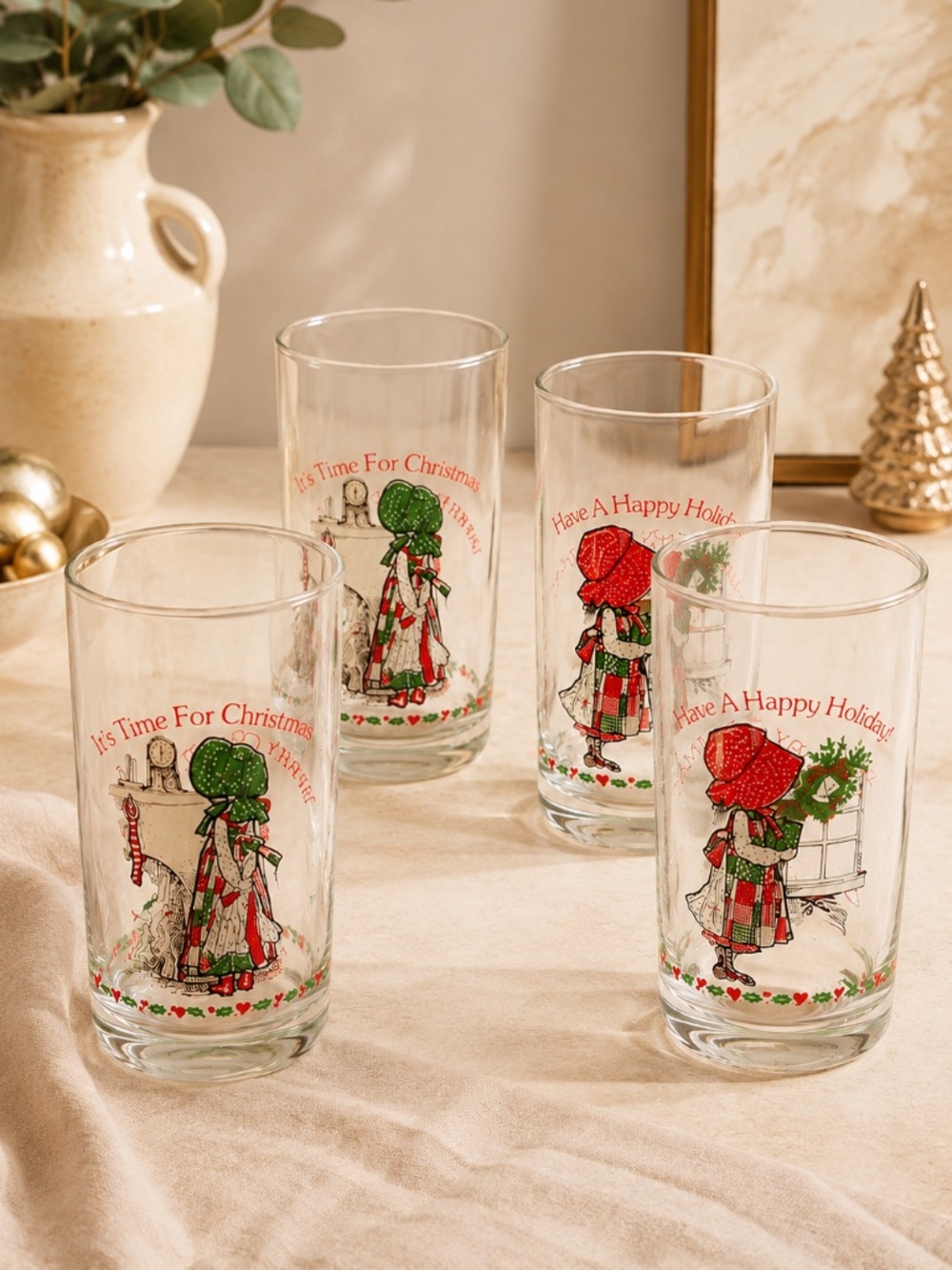 Vintage Coca-Cola Holly Hobbie Christmas Drinking Glasses Set of 4 Coke Tumblers
